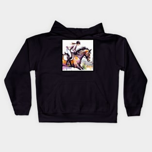 Artistic illustration of equestrian rider jumping a gate Kids Hoodie